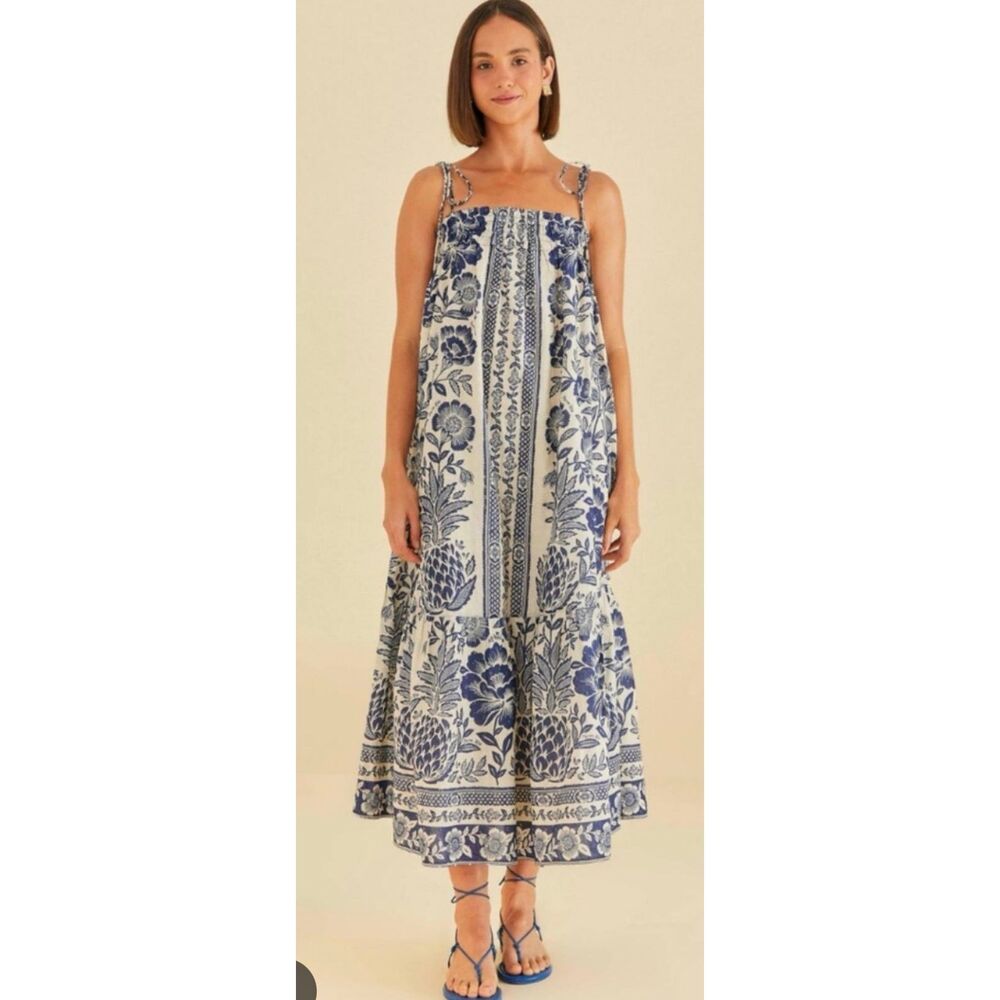 Farm Rio Blue Pineapple Garden Smocked Strap Midi Dress NWT XS $230 coastal smoc - Picture 2 of 8
